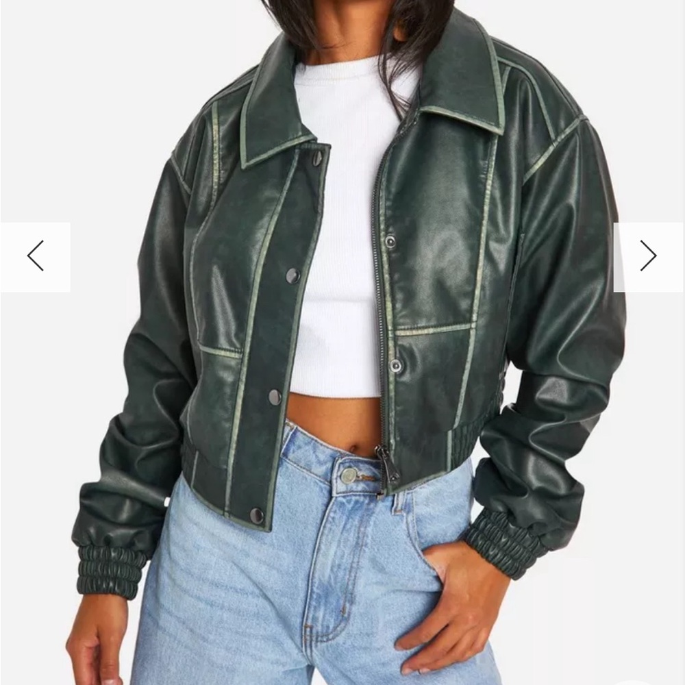 Boohoo Dark Green Faux Leather Cropped Jacket